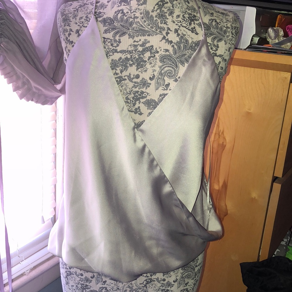 Silver satin surplus wrap tank top